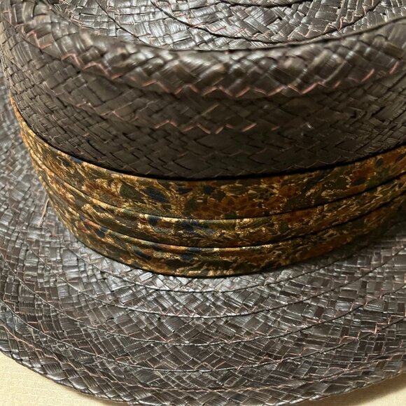 VINTAGE WORMSER MACORA STRAW HAT, 7 1/4 Brown, Rolled Brim, Floral Band New York - Picture 5 of 13
